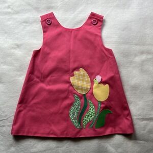 Chocolate Soup Girls 3T Pink Jumper Dress Tulip Flower Appliqué USA Made Spring